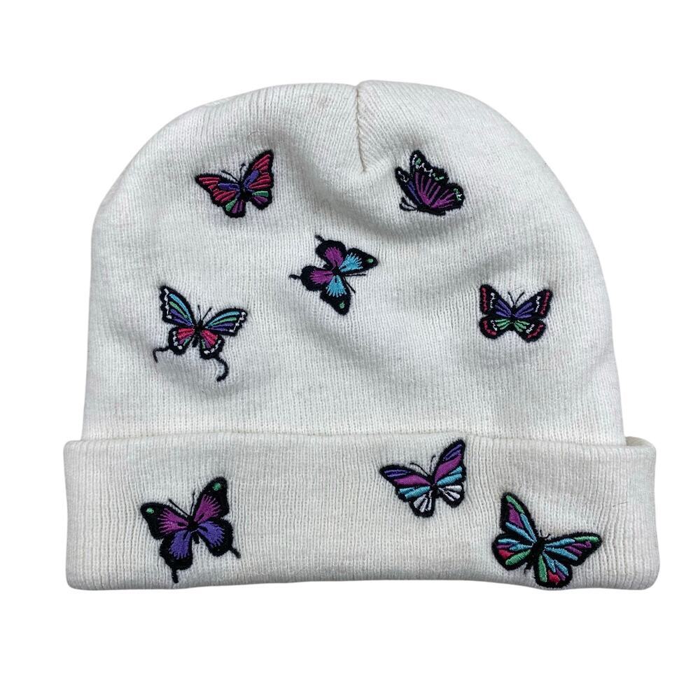 A-Lab‎ Women's White Knit Embroidered Butterfly Patches Beanie Hat *